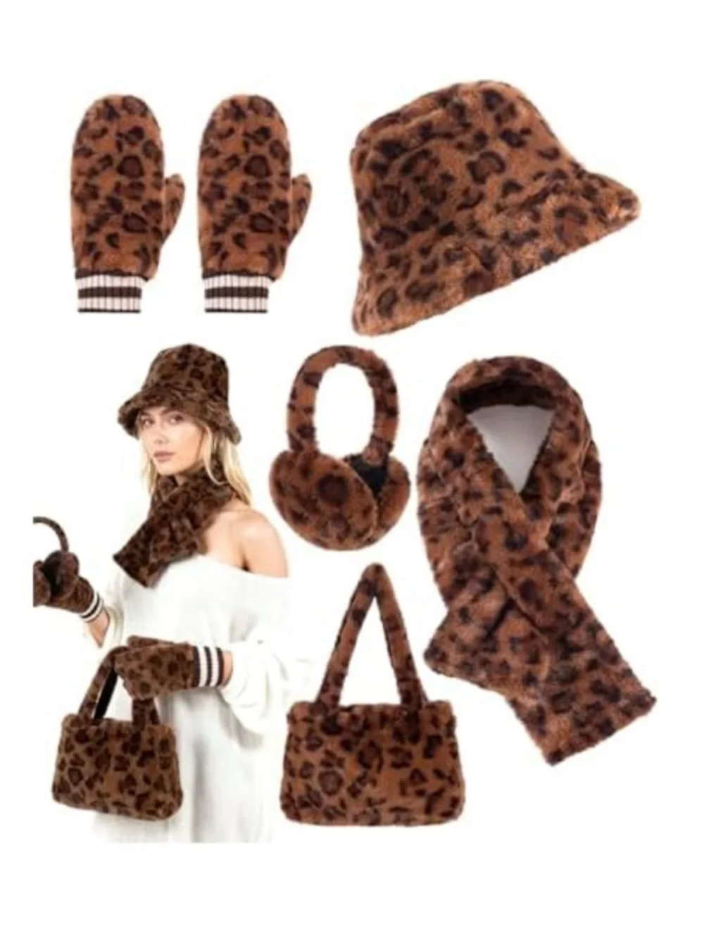 Faux Fur Bucket Hat and Glove Set 5-Piece Brown Leopard Women New FAST SHIPPING